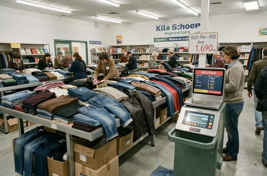 Les tables de tri du Kilo Shop Angers en Maine-et-Loire avec des clients fouillant des piles de vêtements vintage et une station de pesée visible au fond