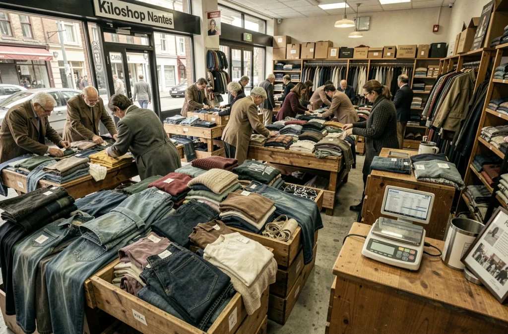 Les grandes tables de tri du Kiloshop Nantes remplies de vêtements vintage vendus au poids avec une balance numérique visible au comptoir