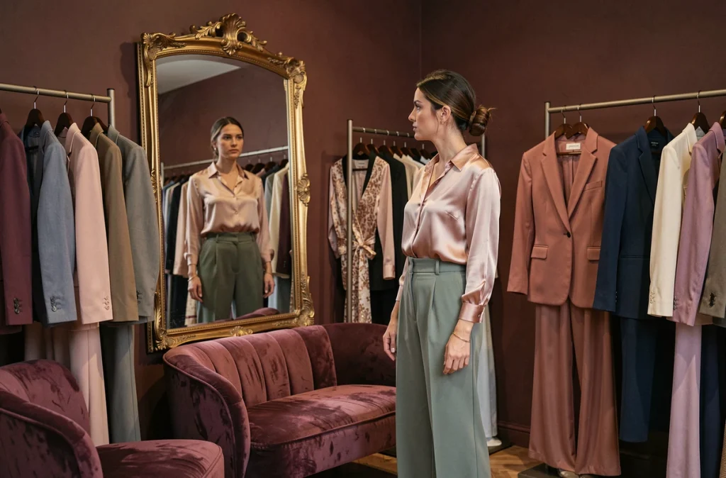 Intérieur élégant du Boudoir à Brest avec une femme se regardant dans un miroir doré entourée de vêtements féminins raffinés