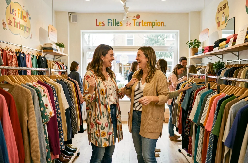 Deux clientes joyeuses parcourant les vêtements dans la boutique Les Filles de Tartempion à Brest