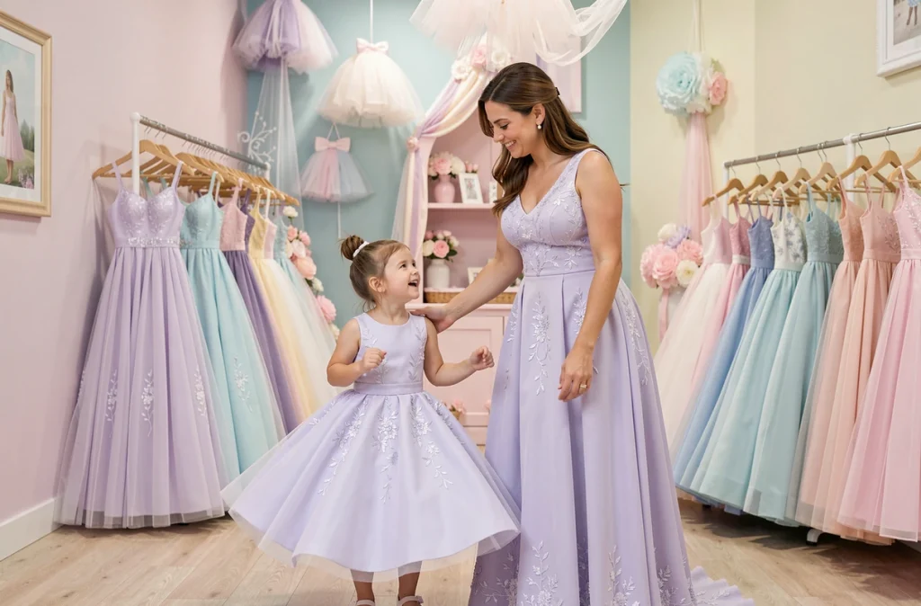 Mère et fille en robes de cérémonie lavande assorties dans la boutique Les Tutus Enchantés dans le Nord