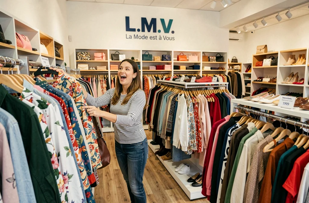 Boutique L.M.V. La Mode est à Vous à Brest avec une cliente enthousiaste choisissant une veste colorée parmi de nombreux vêtements
