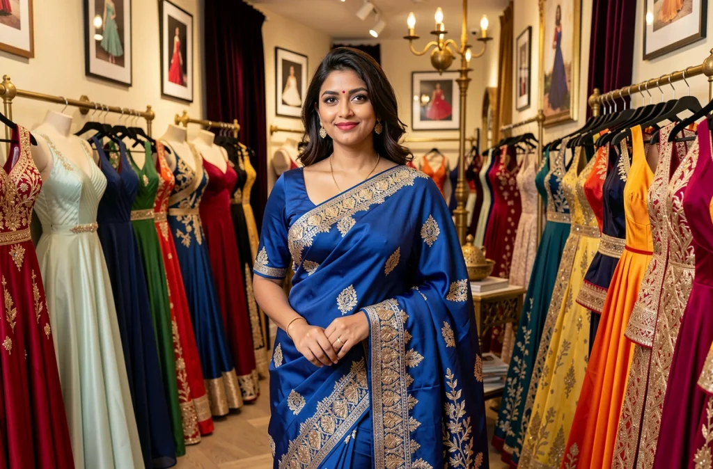 Femme portant un sari brodé bleu cobalt dans la boutique Miss Indya proposant des tenues de soirée et saris à Lille