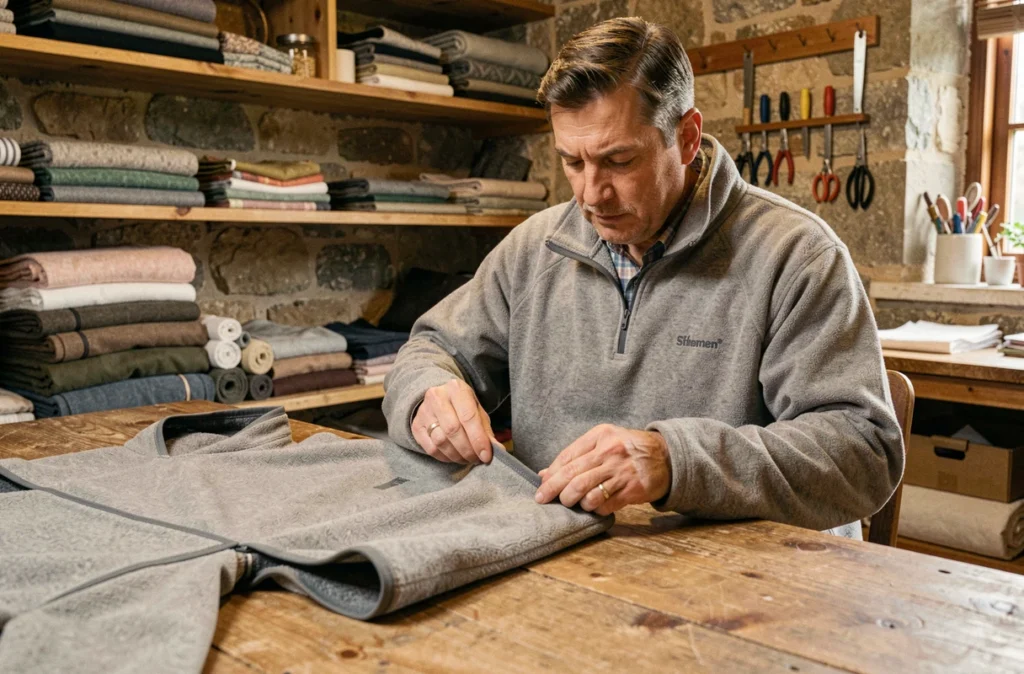 Artisan examinant un poncho polaire en atelier de fabrication française, mettant en valeur le savoir-faire et la qualité de confection