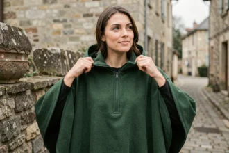Femme portant un poncho polaire made in France vert forêt dans un village en pierre, illustrant qualité artisanale française