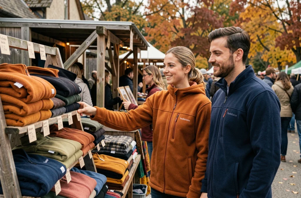 Deux amis essayant des ponchos polaires made in France sur un marché artisanal, avec des modèles colorés exposés sur des présentoirs en bois