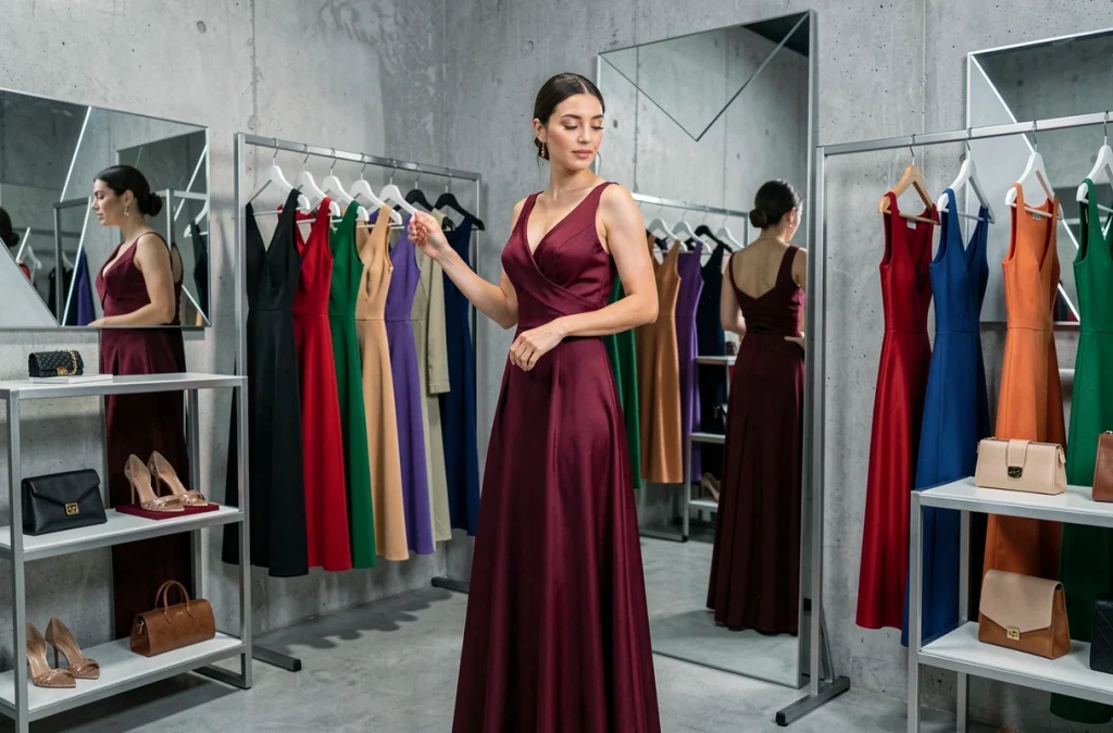 Femme essayant une robe de soirée bordeaux tendance dans le showroom Bellandjoe à Lille