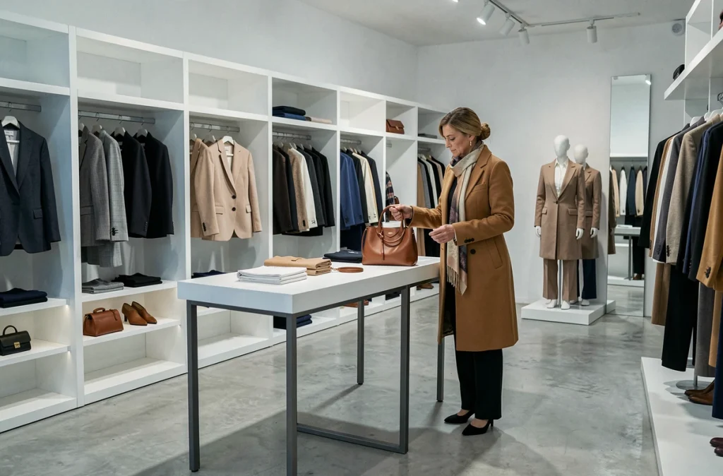 Boutique Via Veneto dans le Finistère avec une femme élégante examinant un sac en cuir dans un cadre minimaliste