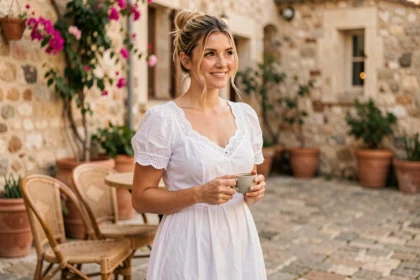 Femme élégante en robe midi en coton blanc sur une terrasse ensoleillée du sud de la France, style chic et décontracté pour l'été 2026